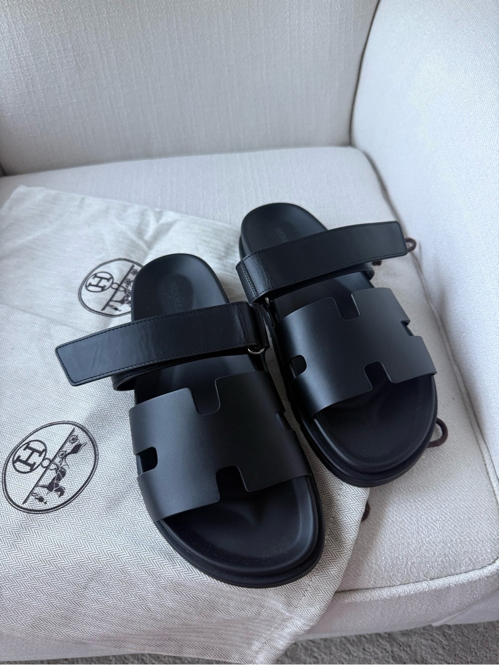 Hermes Black Womens Oran-Style Leather Slide Sandals